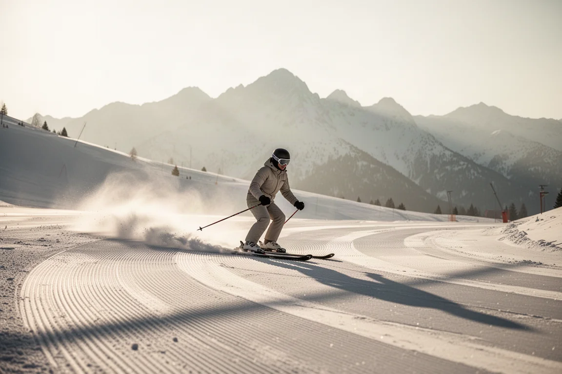 Skifahrer zieht saubere Schwünge auf frisch präpariertem, köperartigem Morgenpiste