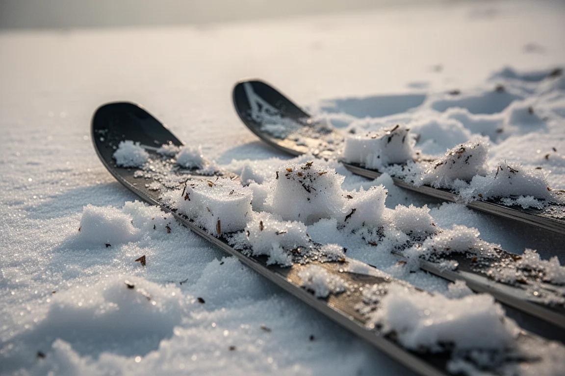 Nahaufnahme der Ski spitzen auf zerhäckseltem, wechselhaftem Frühlingschnee