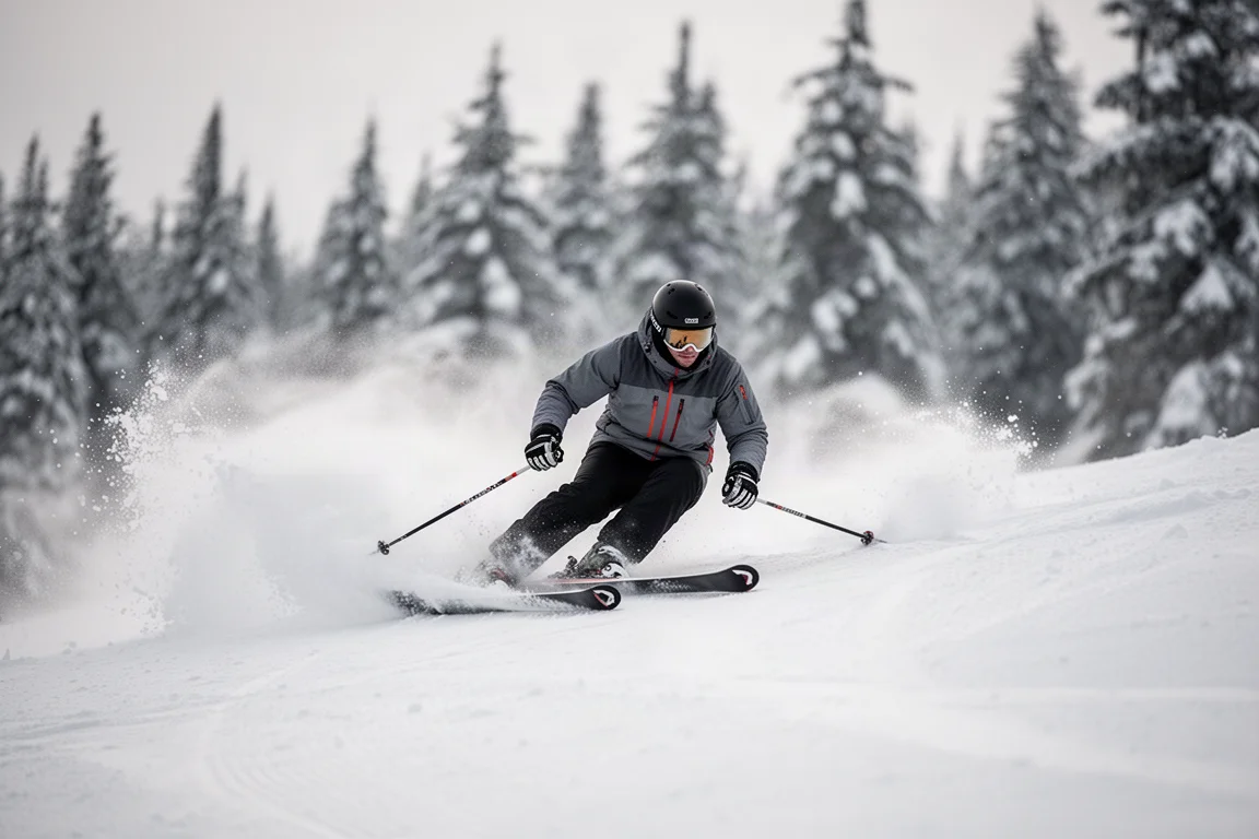 Skifahrer hält einen hohen Kantenwinkel in einem Schwung auf hartem Schnee
