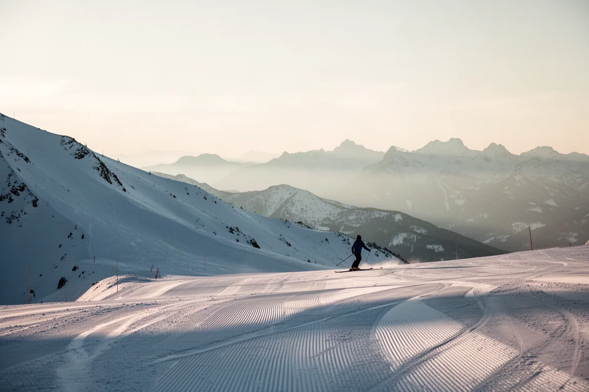All-mountain skier tracing long turns on a soft groomed slope in winter light