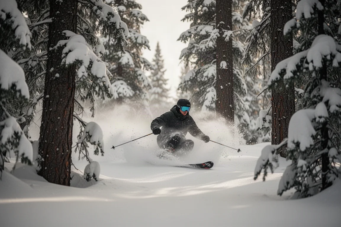 Close-up of the tail edge of a ski resting on hard, compacted ice snow