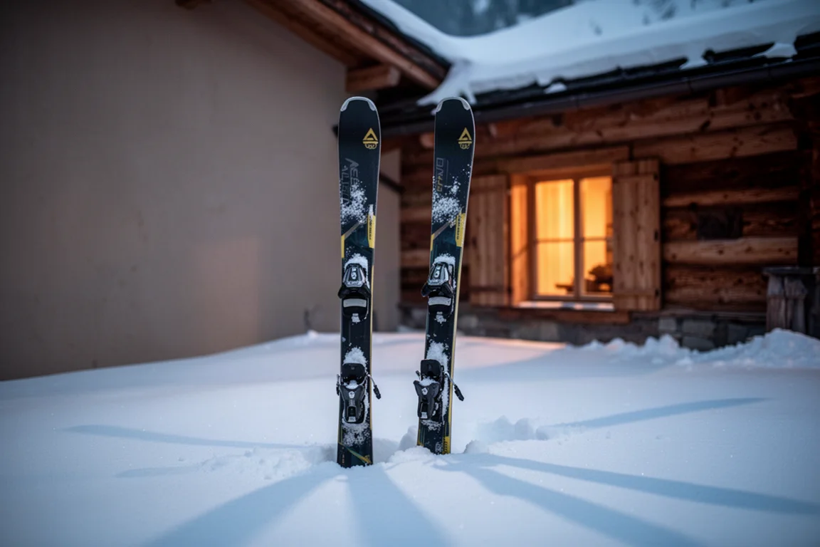 Pair of all-mountain skis standing in the snow at the start of a slope with a mountain ridge behind
