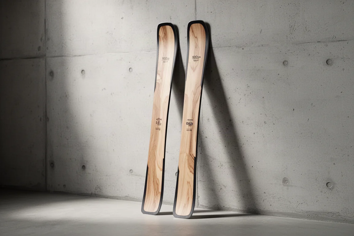 Pair of wide all-mountain twin-tip skis standing in fresh snow beside a gladed trail