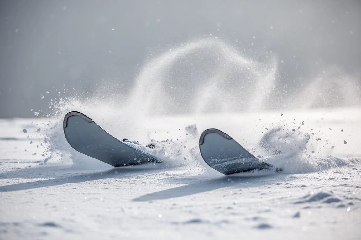 Close de duas espátulas largas de esqui emergindo de uma nuvem de neve powder seca