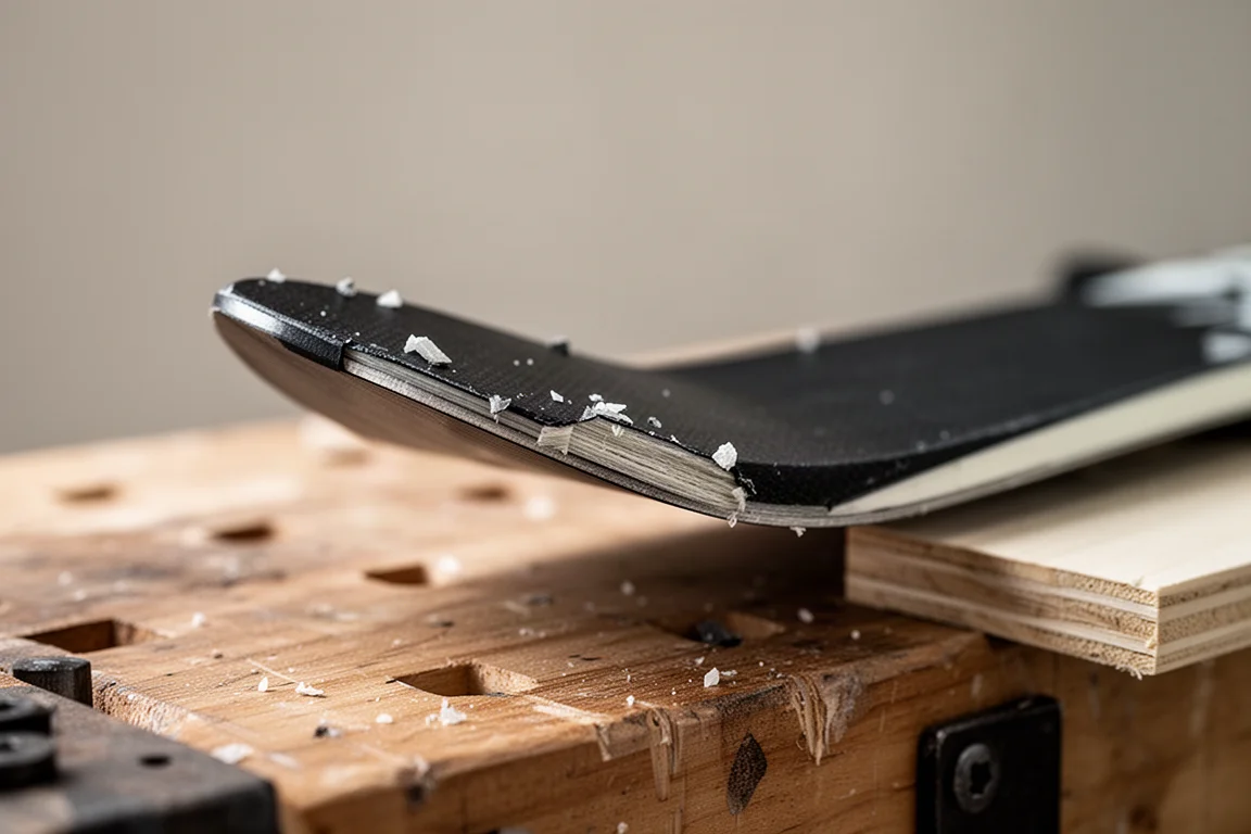 Close-up das bordas da espátula de esqui lascadas, mostrando danos no acabamento