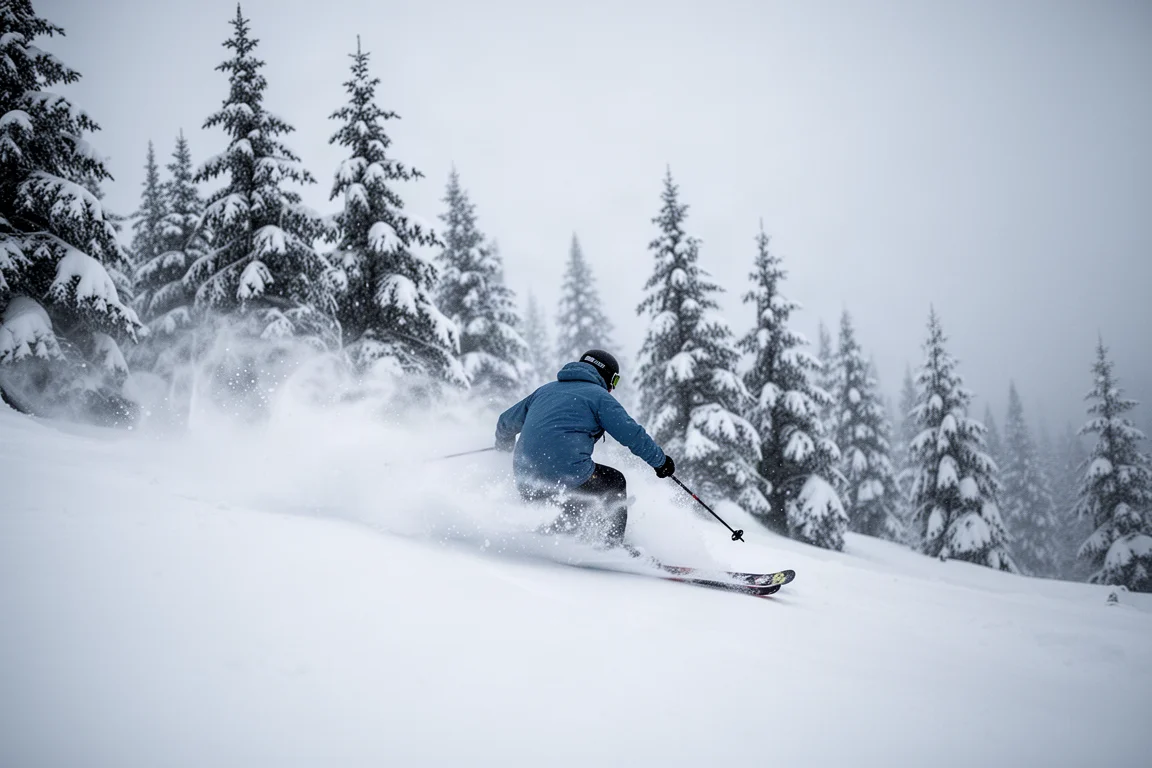 Skifahrer zieht kurze Schwünge durch weichen Schnee neben schneebedeckten Bäumen