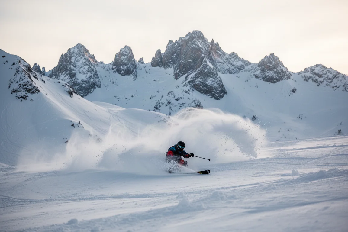 Freeride-Skifahrer spritzt tiefen Pulverschnee unter alpinen Gipfeln auf
