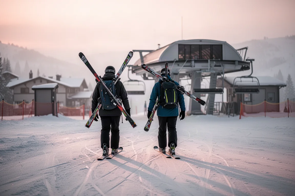 Zwei Skifahrer tragen ihre Skier über die Schulter und gehen im Morgengrauen zum Lift