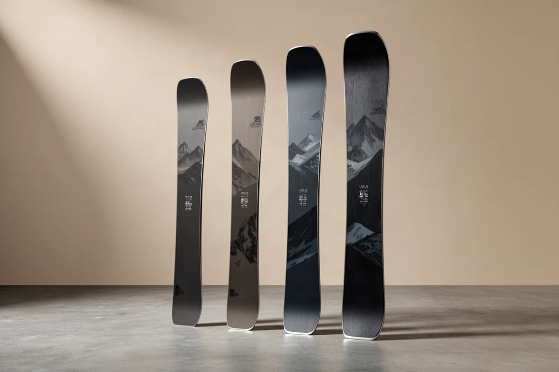 Four freeride skis of increasing width standing in a row on a concrete surface
