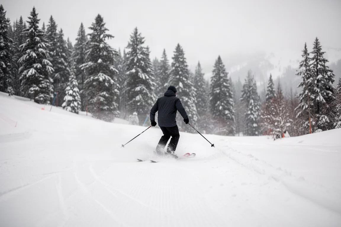Cume montanhoso coberto de neve ao amanhecer, com um esquiador distante em uma pista preparada