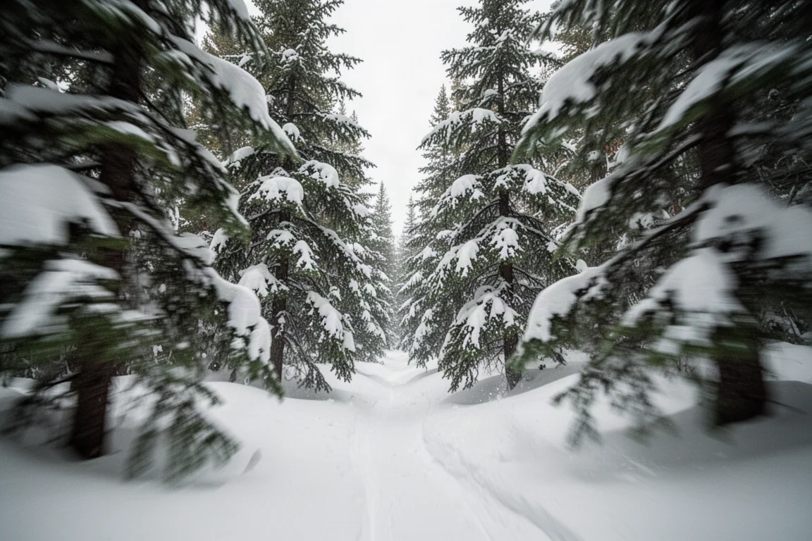 Zicht door een dicht boomgaaf met sneeuwbeladen naaldbomen en diep poeder