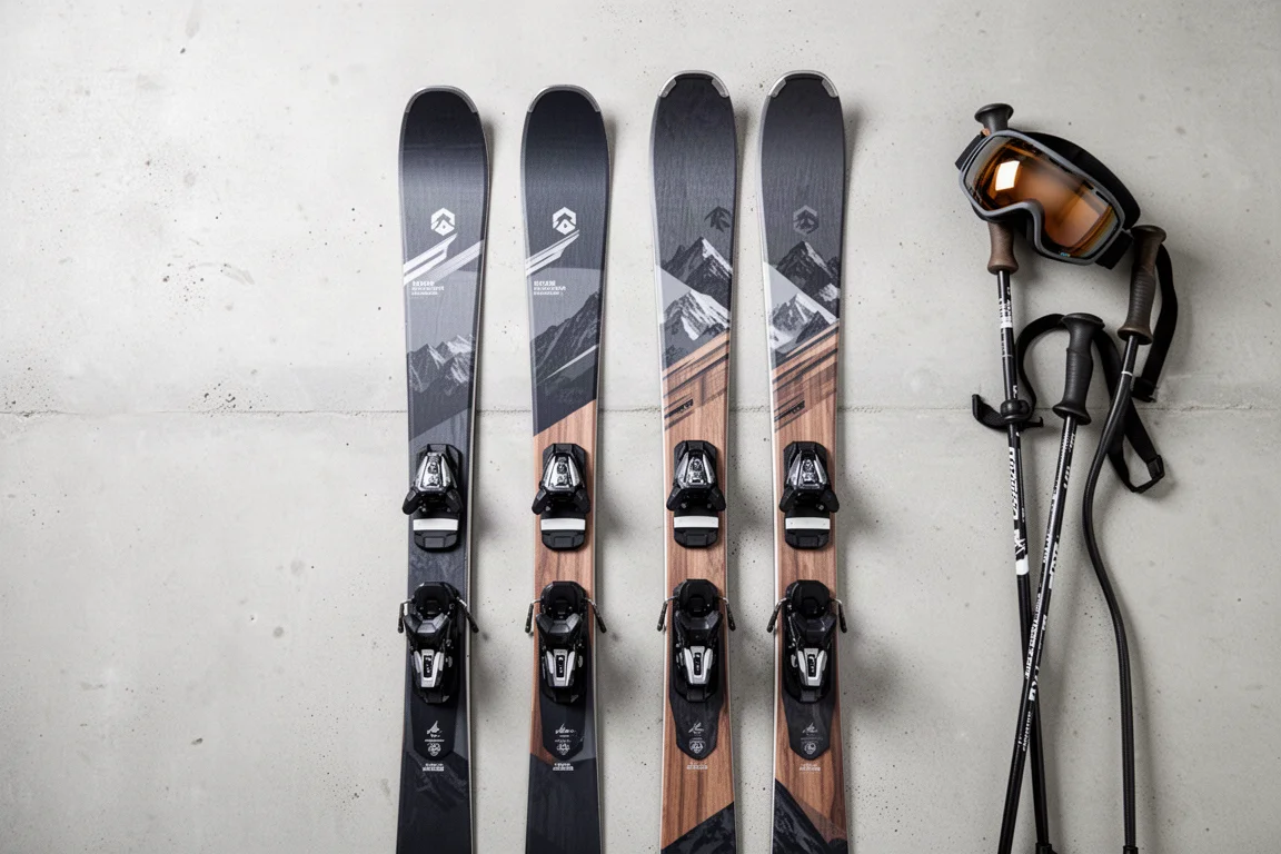 Van bovenaf gefotografeerde flat-lay van twee paar all-mountain ski's op licht beton