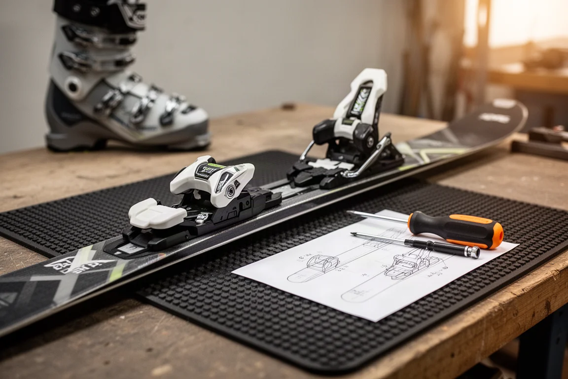 Skibinding gemonteerd op een all-mountain ski aan een werkbank