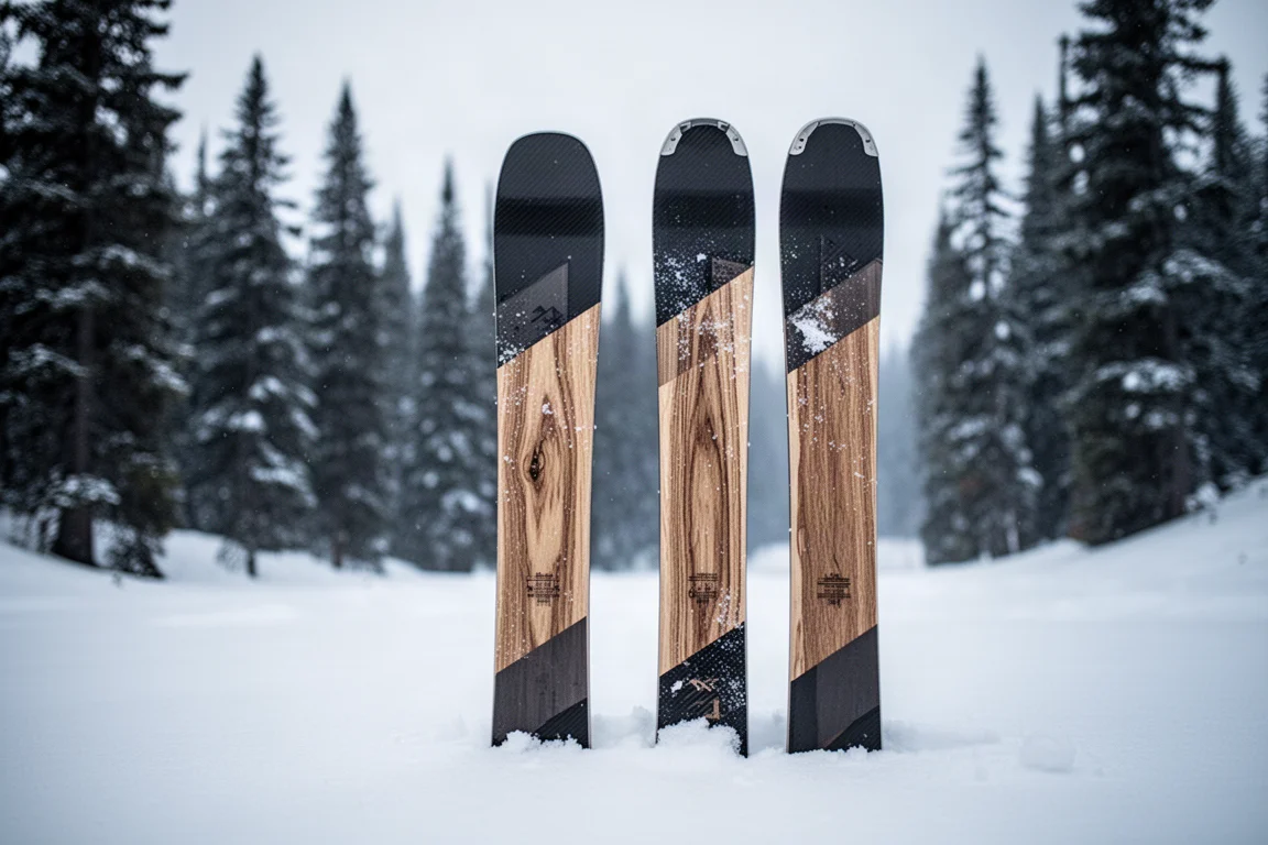 Two pairs of all-mountain skis standing in powder snow beside evergreen trees