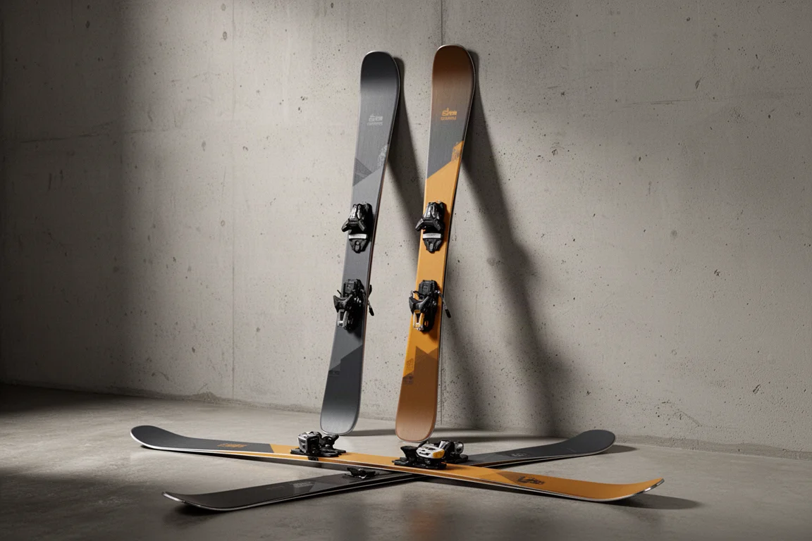 Two 98 to 100 mm all-mountain skis standing upright against a matte concrete wall