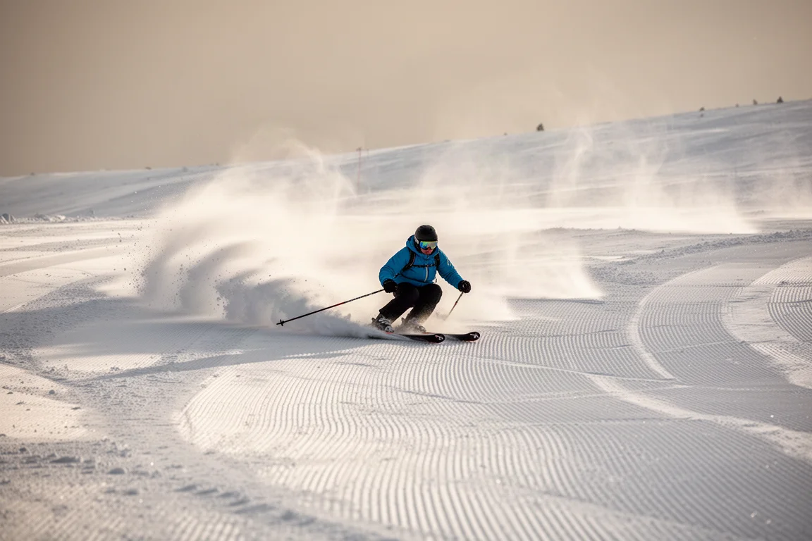 Skifahrer zieht geschmeidige Kurven auf weich präpariertem Schnee im Morgenlicht