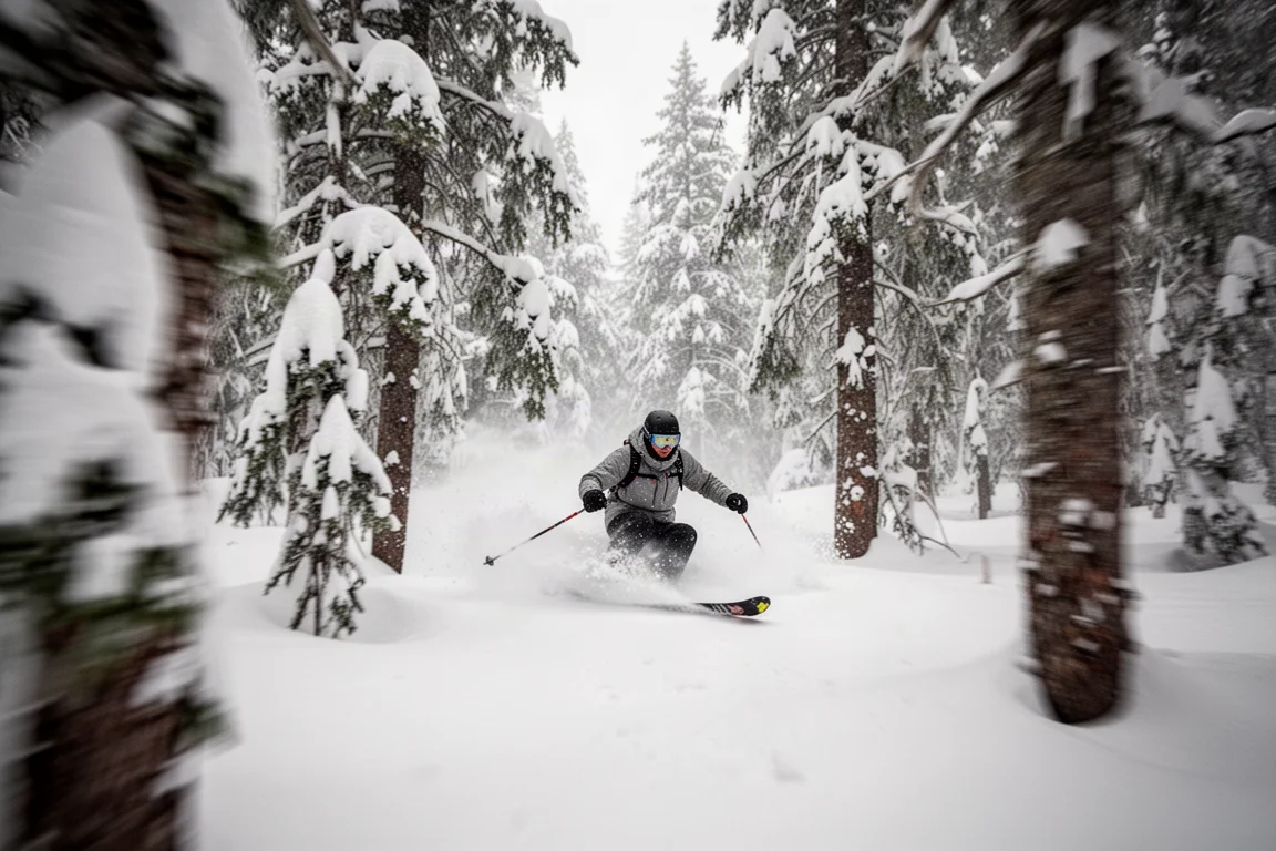 Skifahrer schlängelt sich an einem Powder-Tag zwischen Bäumen hindurch
