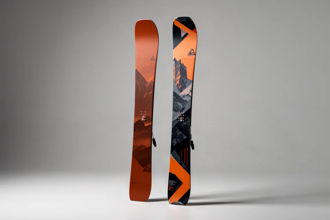 Zwei All-Mountain-Skier stehen aufrecht vor einem neutralen grauen Hintergrund