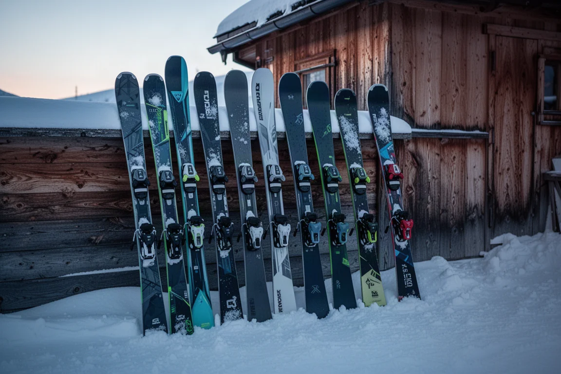 Rek met freerideski's in verschillende breedtes, leunend tegen een besneeuwde lodge-muur bij zonsopgang