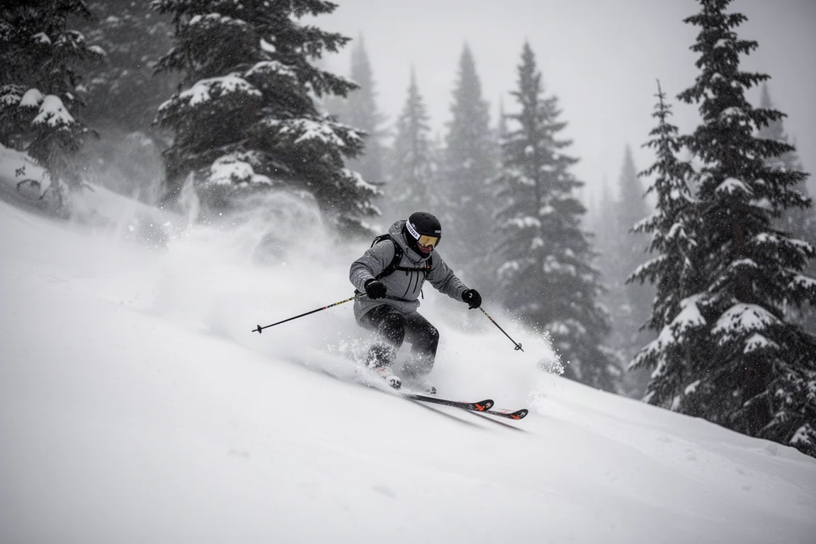 Skiër midden in een bocht in diepe poedersneeuw op een steile beboste helling, met sneeuw achter de ski's opspattend