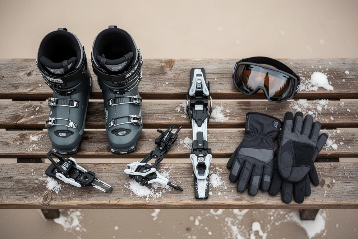Overzichtelijke flat lay van skischoenen, bindingen, skibrillen en handschoenen op een verweerde houten bank
