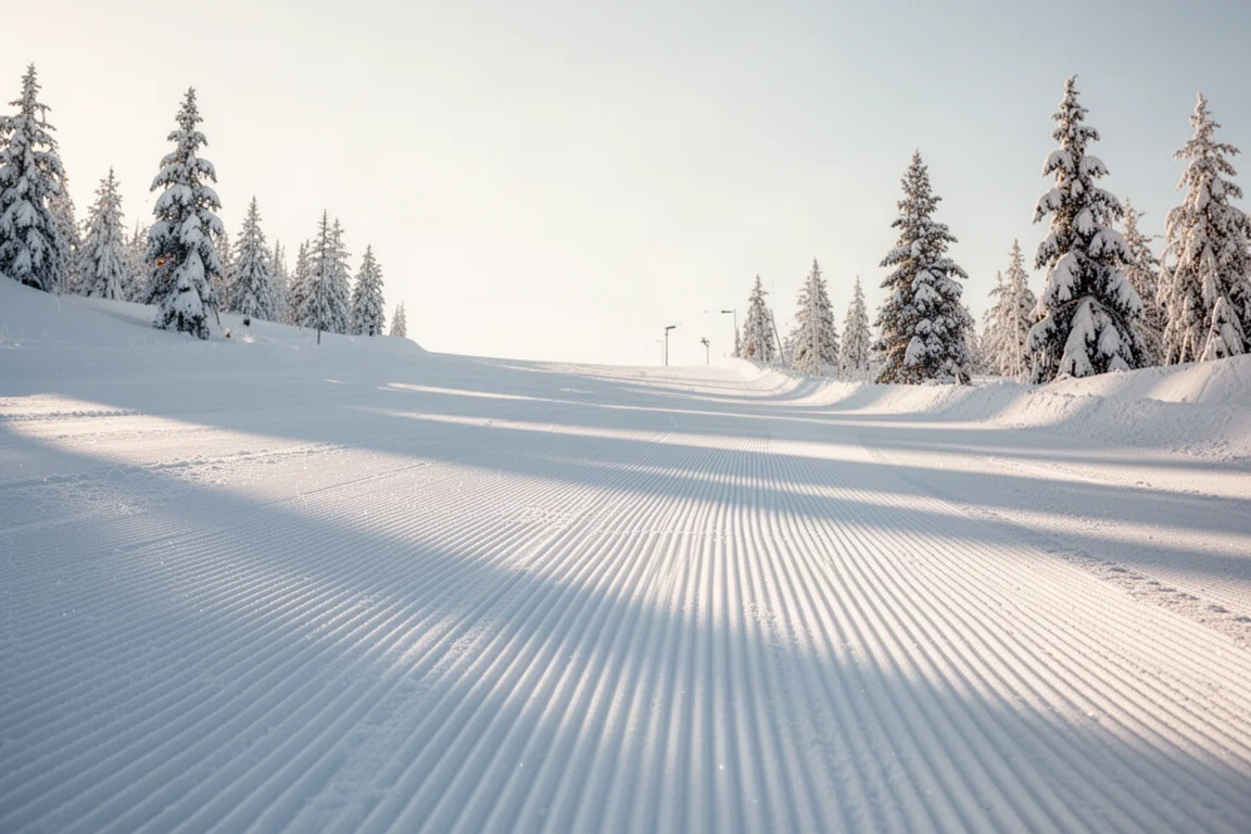 Vers geprepareerde corduroysneeuw op een piste in het late middaglicht
