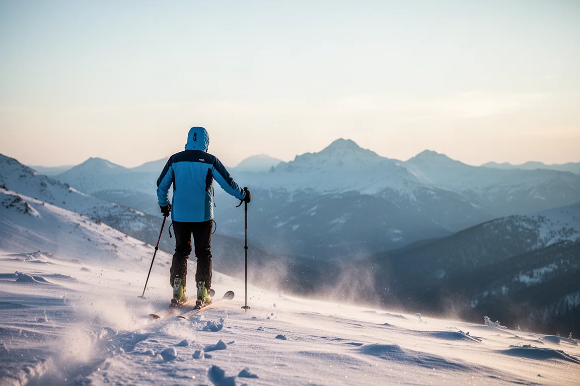Freeride skis standing in fresh snow at the top of a ridge at sunrise