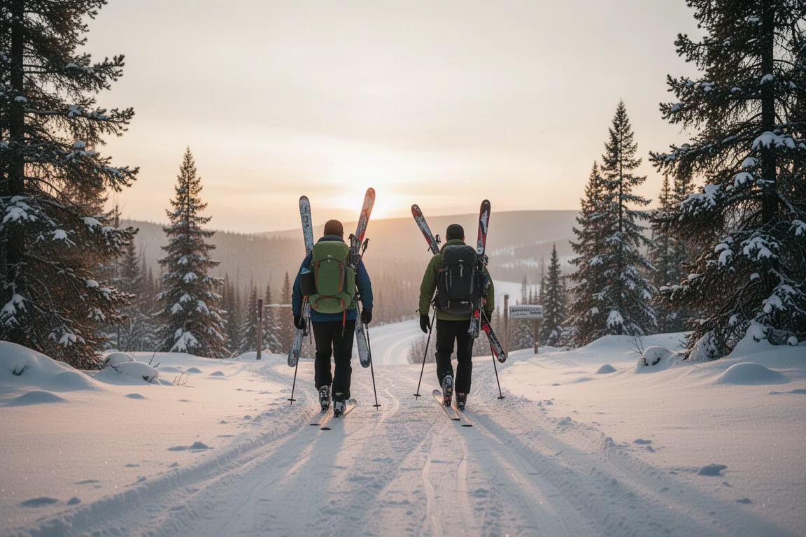Touring skier setting a skin track up a quiet forest slope in winter