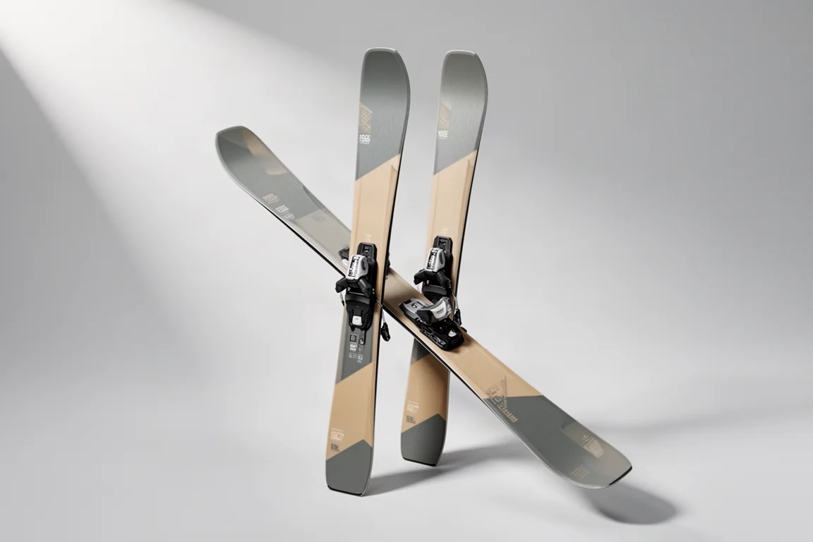 Salomon QST Echo 106 freeride ski standing upright on a concrete surface