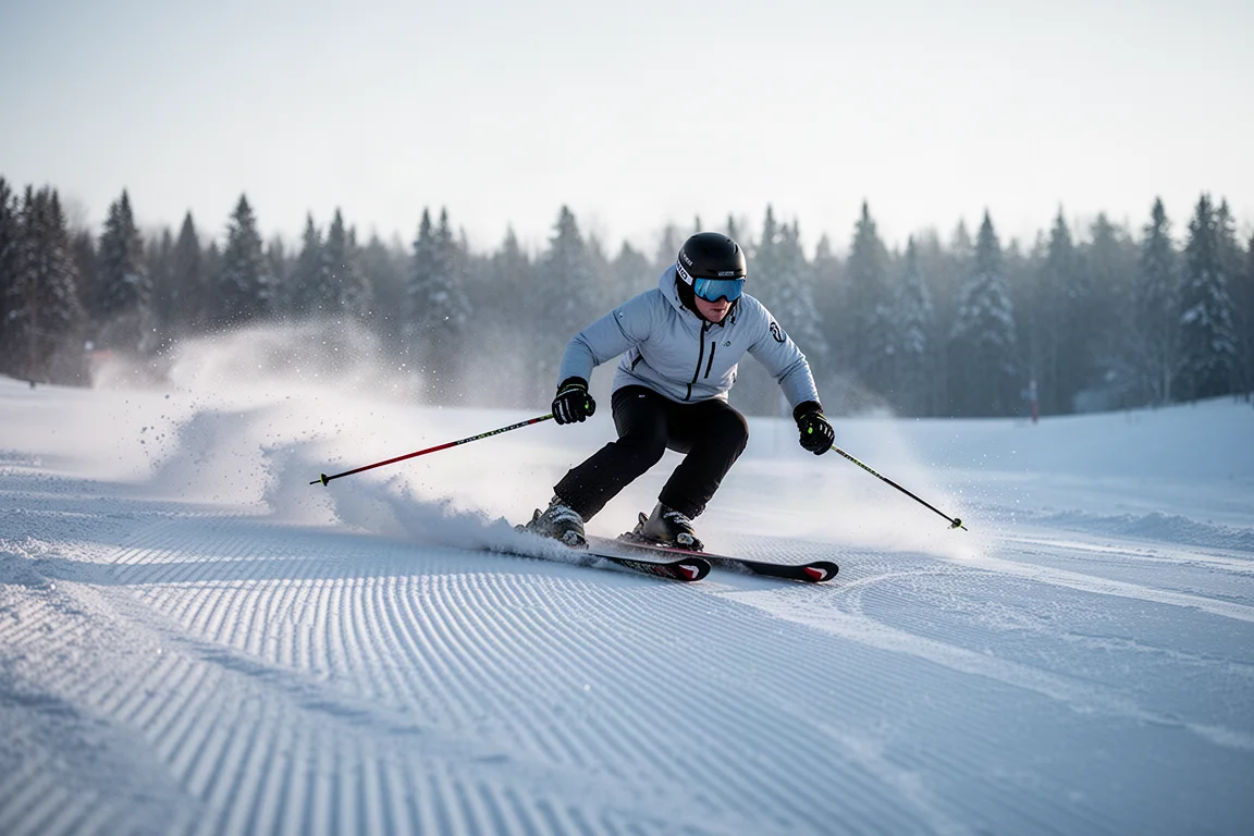 Skifahrer fährt bei hoher Kante einen Bogen auf festem präpariertem Schnee