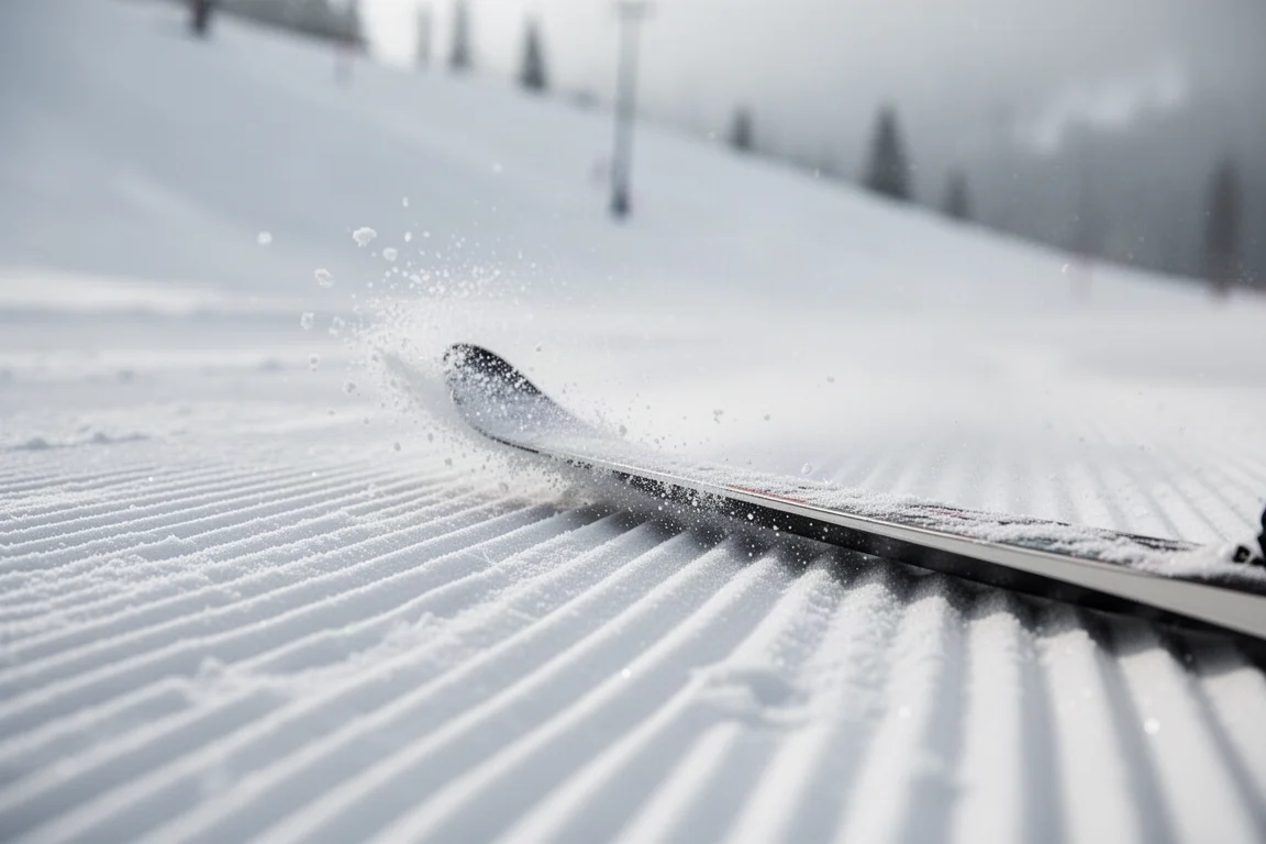 Ski-Underside schneidet mit Geschwindigkeit durch festen präparierten Schnee