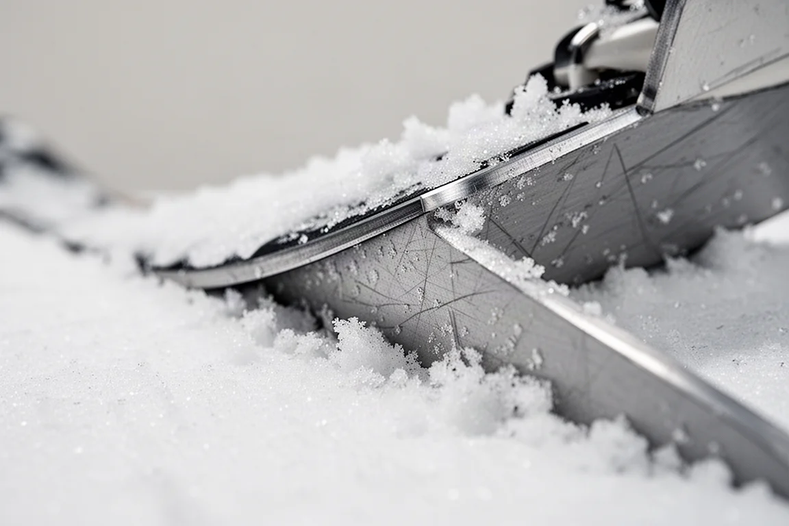 Makroaufnahme einer Skikante und angewinkelten Seitenwange, die in harten Schnee beißt