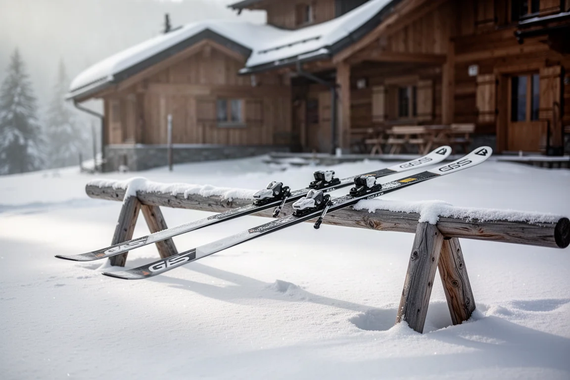 Paar GS-Skier am Morgen auf einem schneebedeckten Gestell in einem leeren Skigebiet