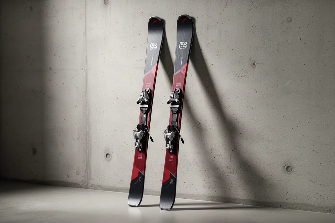 Pair of long narrow GS-style alpine skis leaning against a concrete wall in soft studio light