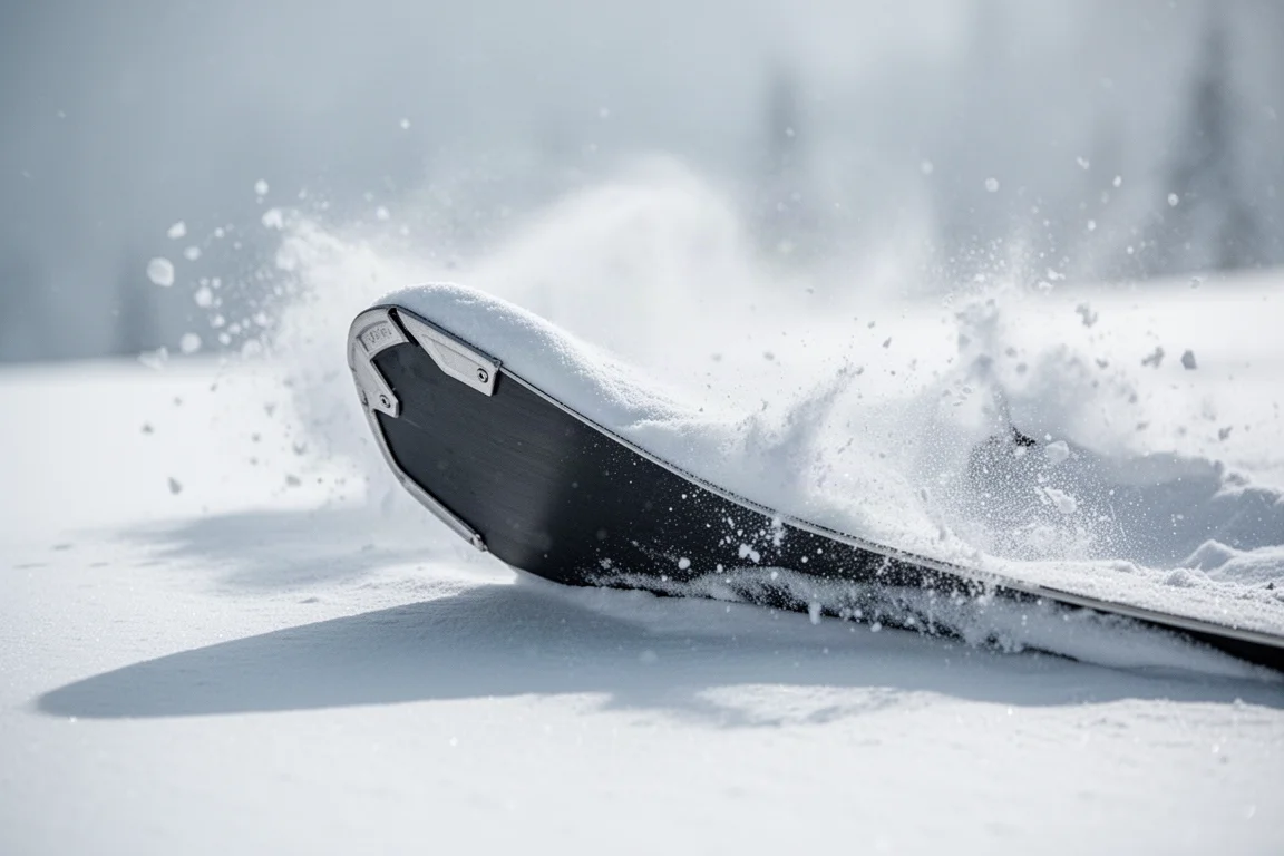Makroaufnahme des Ski-Aufbaus mit Holzkern, gewebtem Laminat und Stahlkante