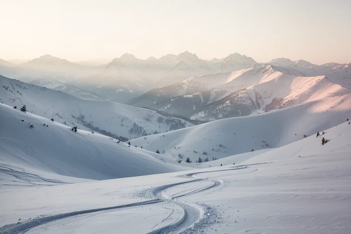 Enge geschnittene Schwunglinien im weichen Frühlingschnee neben einem lichten Baumbestand