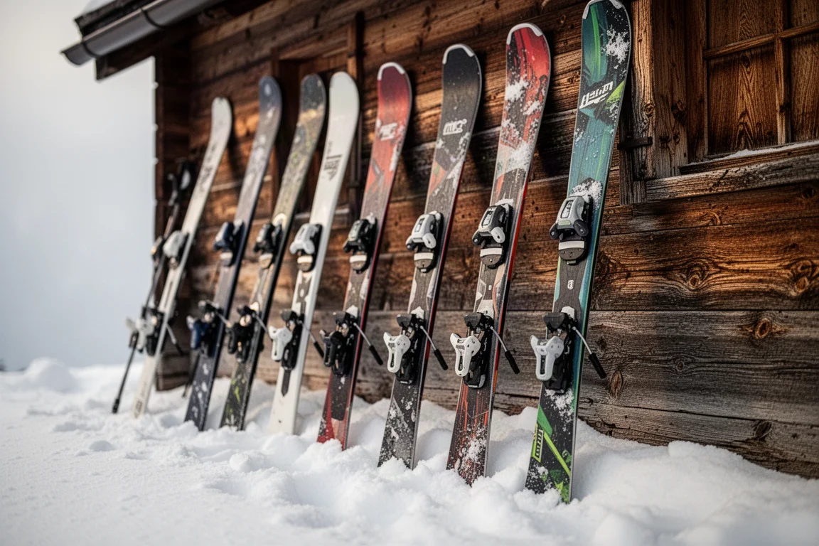 Skierpaar lehnt an einem Holzgestell am verschneiten Ausgangspunkt bei bewölktem Licht