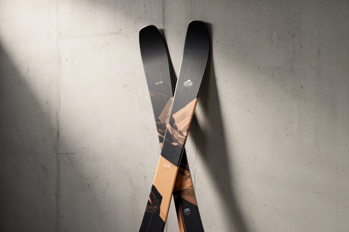 Narta freeride all-mountain Salomon QST Lumen 98 stojąca pionowo na matowej powierzchni betonowej