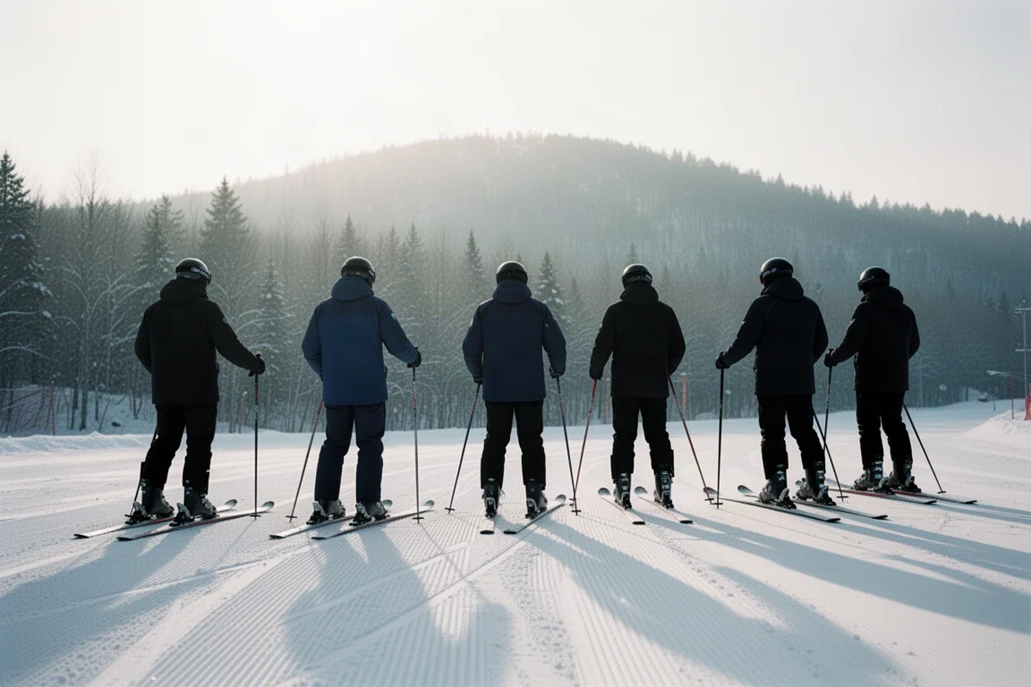Skiers waiting in a snowy lift line with skis resting on packed corduroy snow