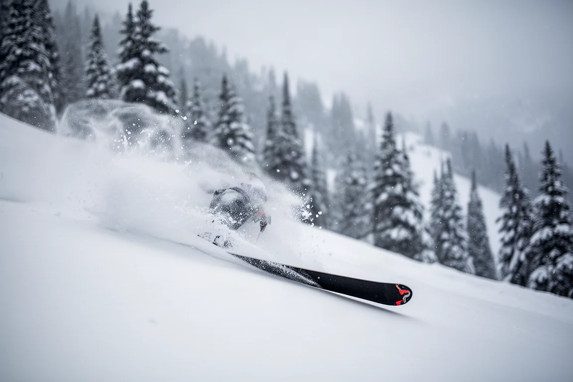 Wide freeride ski slicing through deep powder with a plume of snow spray