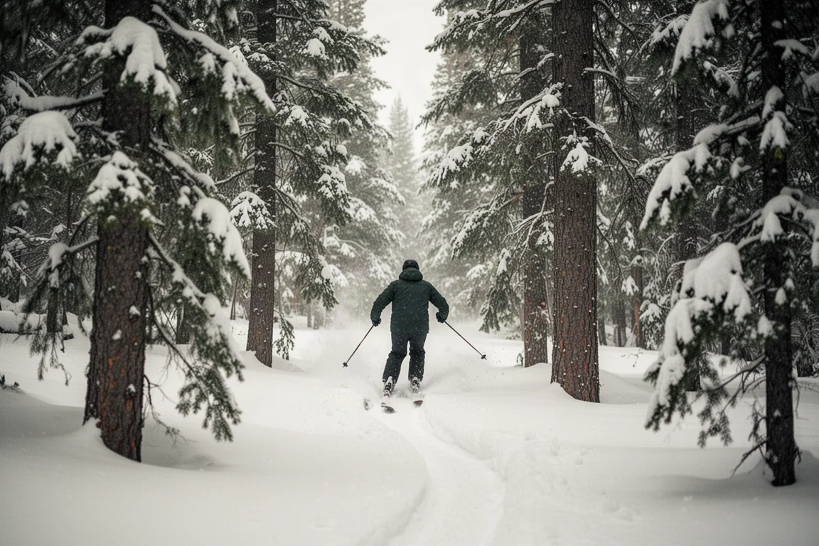 Skier weaving between snow-laden evergreen trees on a soft snow day