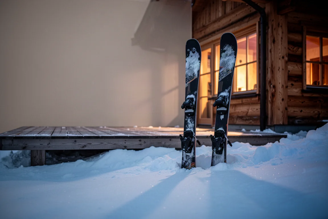 Pair of wide freeride skis planted in deep snow beside a timber lodge at dusk