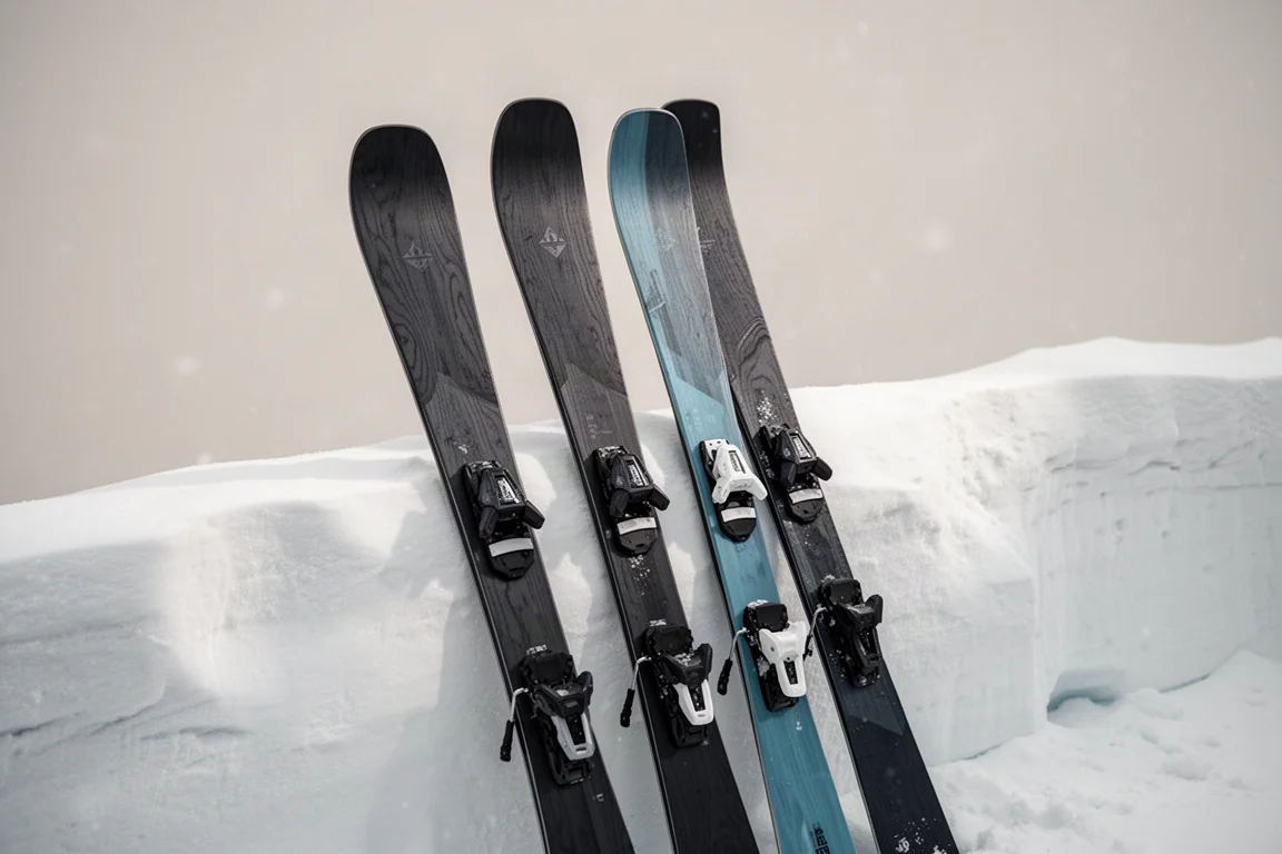 Four freeride alpine skis of different widths leaning against a snow bank