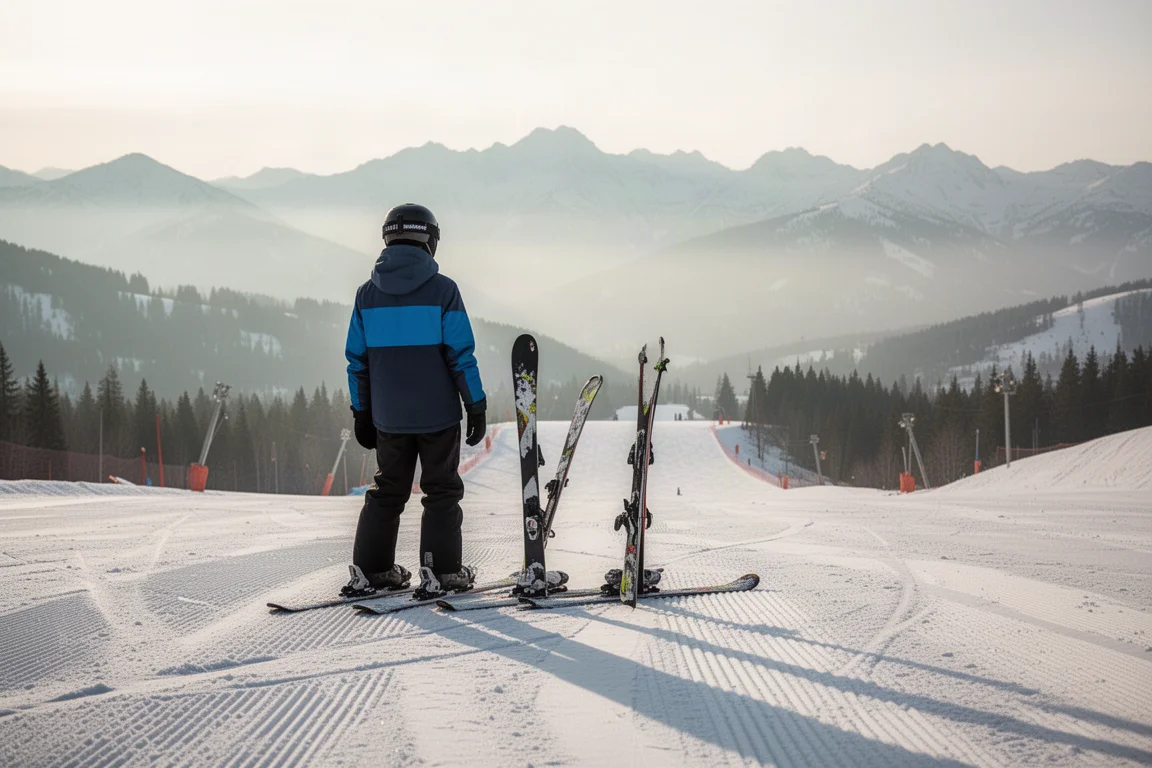Jeune skieur debout en haut d'une piste damée avec des skis twin tip, vu de dos