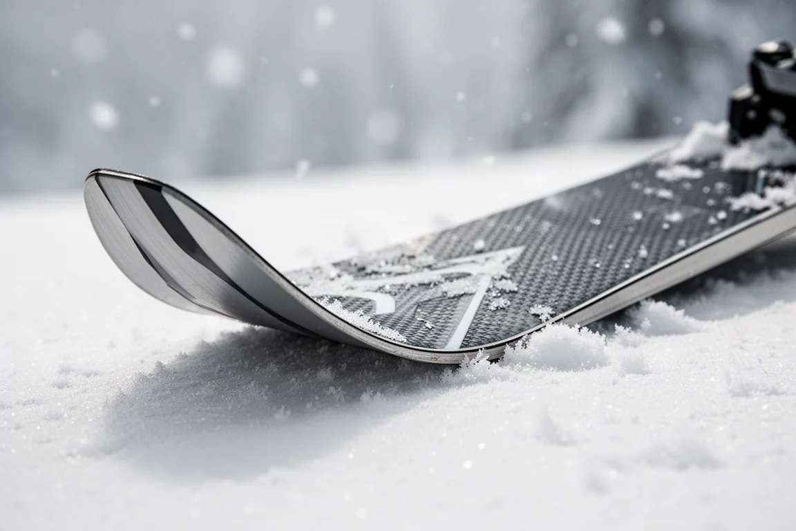 Gros plan sur la queue d'un ski montrant le relevé twin tip et un dessus texturé posé sur la neige