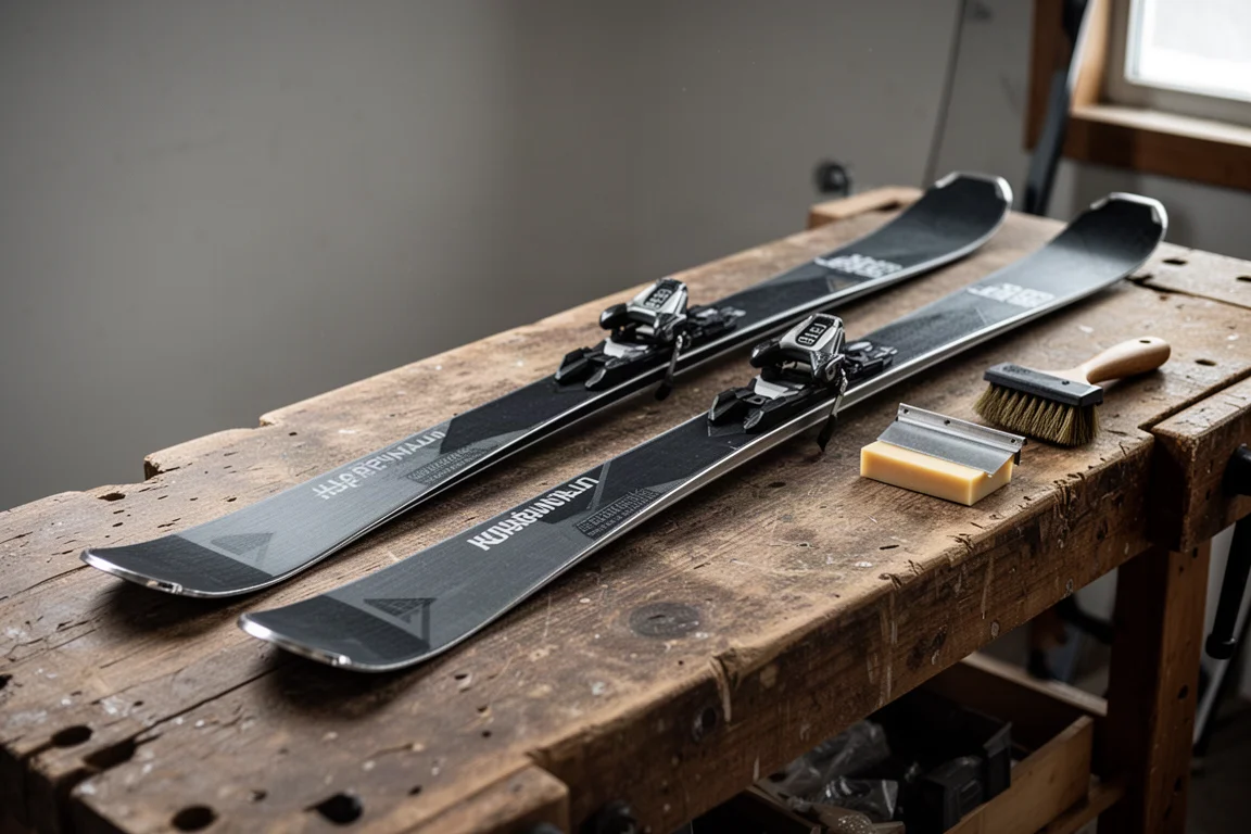 Paire de skis all-mountain posés semelle vers le haut sur un banc dans un atelier de ski