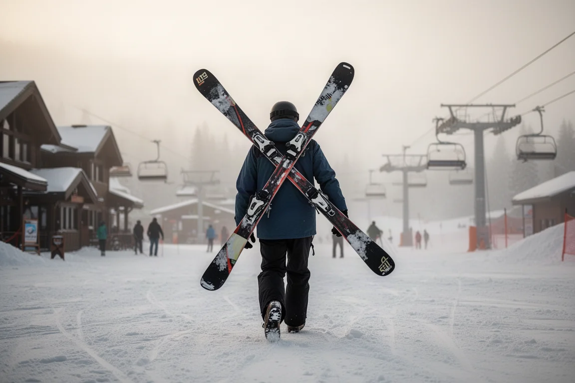 Skieur portant des skis twin tip sur l'épaule à travers le front de neige en lumière d'après-midi