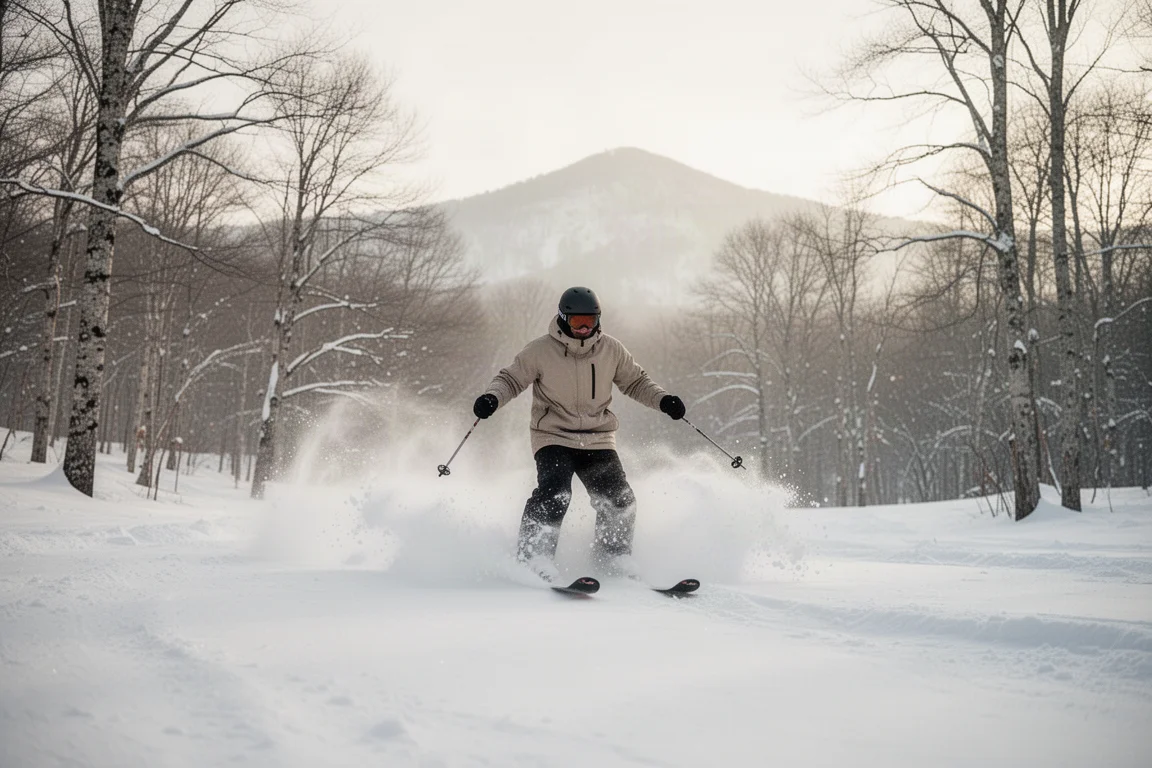 Skiëerder die door verse poedersneeuw carved op een open helling met veraf dennenbomen in de ochtendlucht