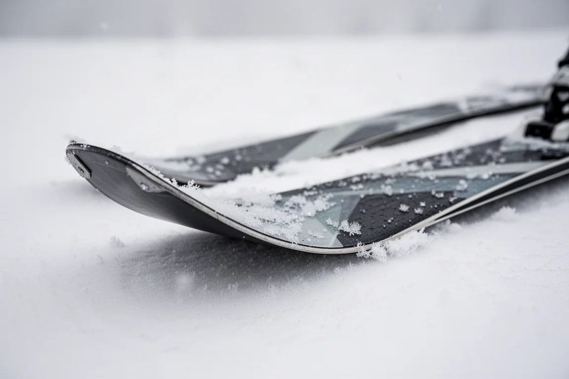 Close-up van een brede freerideski-tip met zichtbare rocker, liggend in verse poedersneeuw