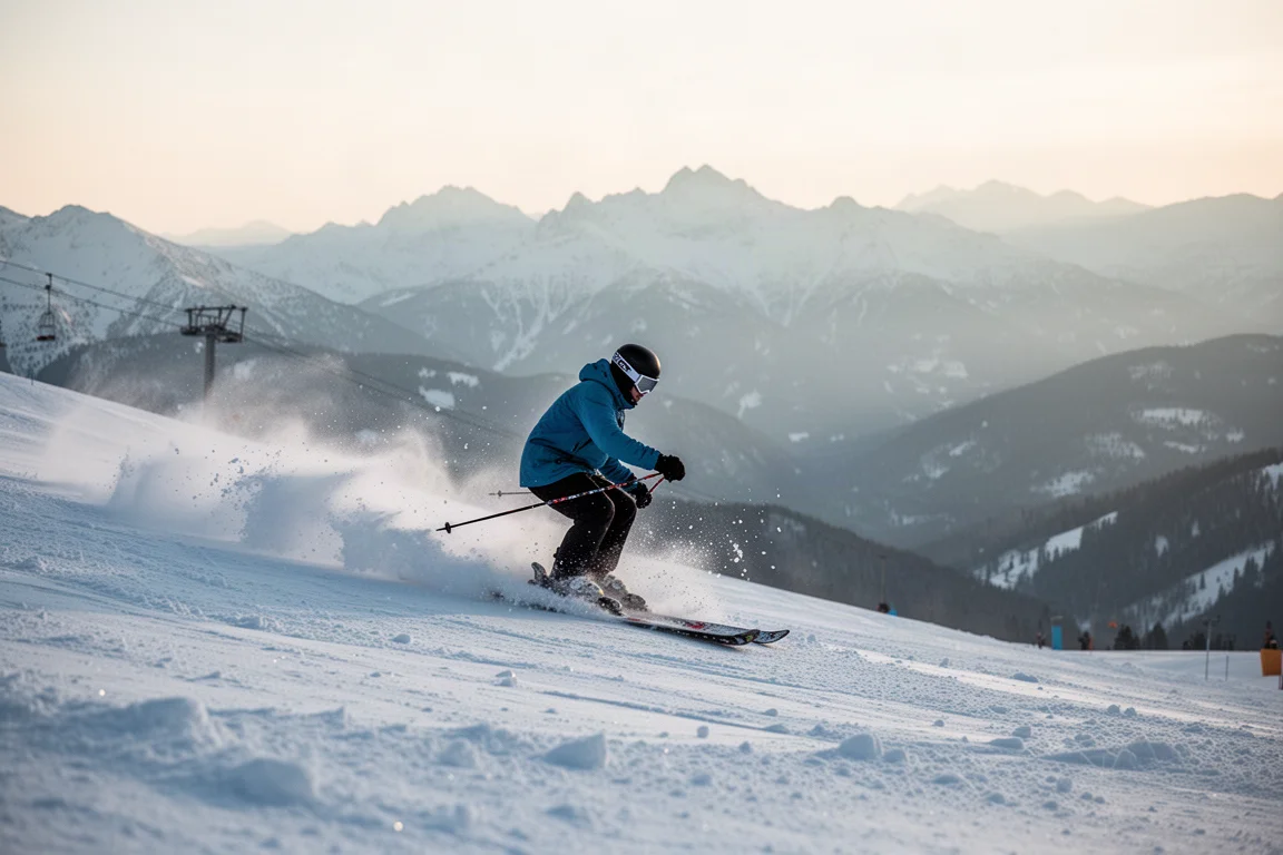 Skiëerder van achteren op een bergrug, kijkend uit over een ongespoorde kom in het gouden uur